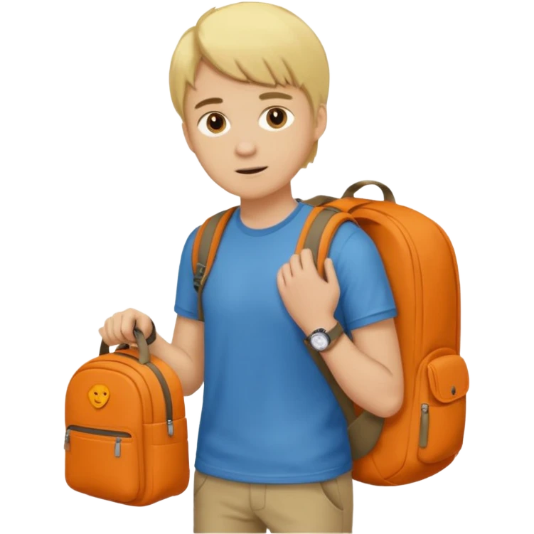 Un jeune homme blond qui regarde sa montre orange et un sac à dos en forme de terre  emoji