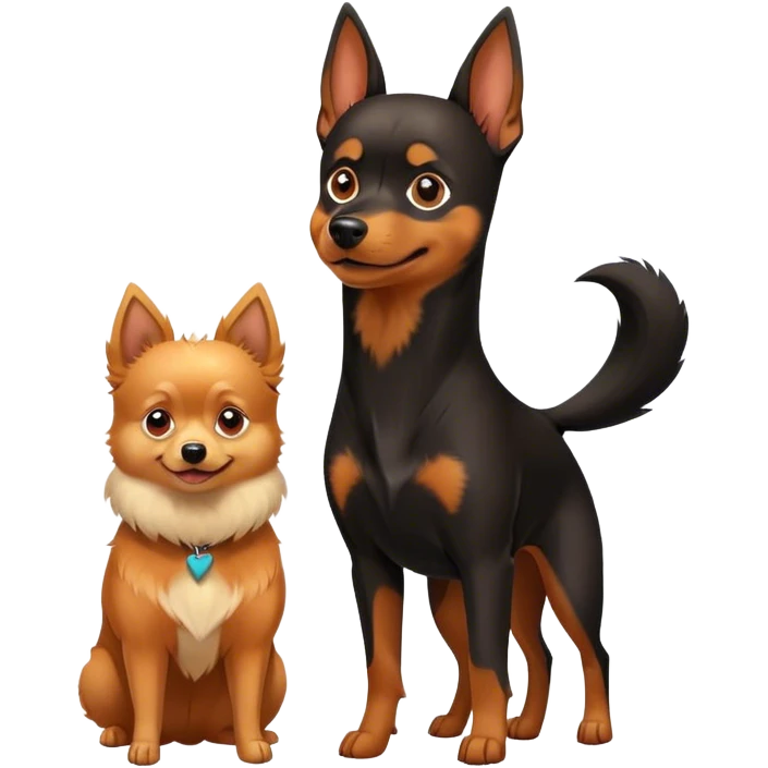 Doberman Pinscher and Pomeranian Spitz standing side by side. The Doberman has a sleek black and tan coat with alert ears, while the Pomeranian has a fluffy orange coat and a joyful expression. Beautiful natural background, with a clear blue sky and green grass. Transparent background. emoji