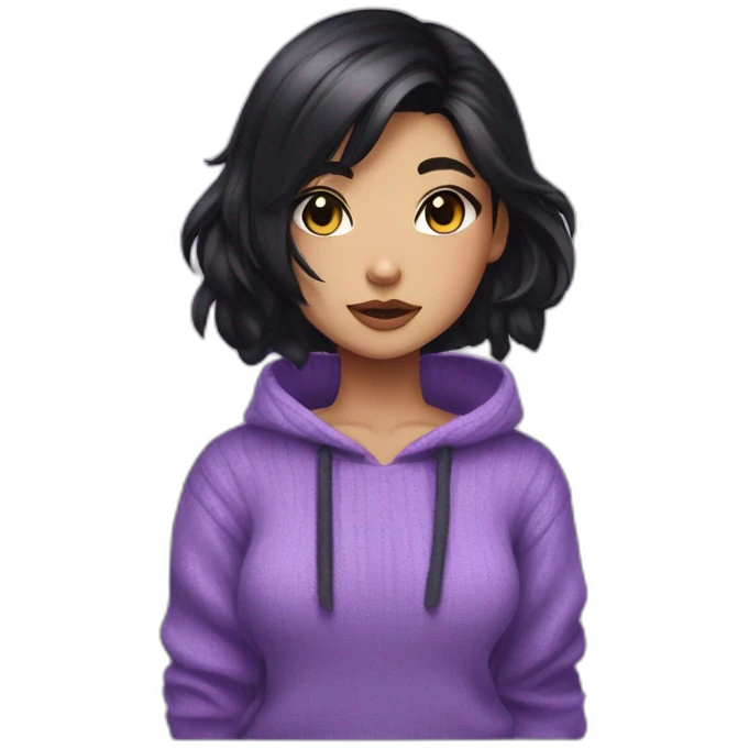 neko girl with black hair side swept bangs with shaved sides and back of head with purple eyes wearing a purple sweater emoji