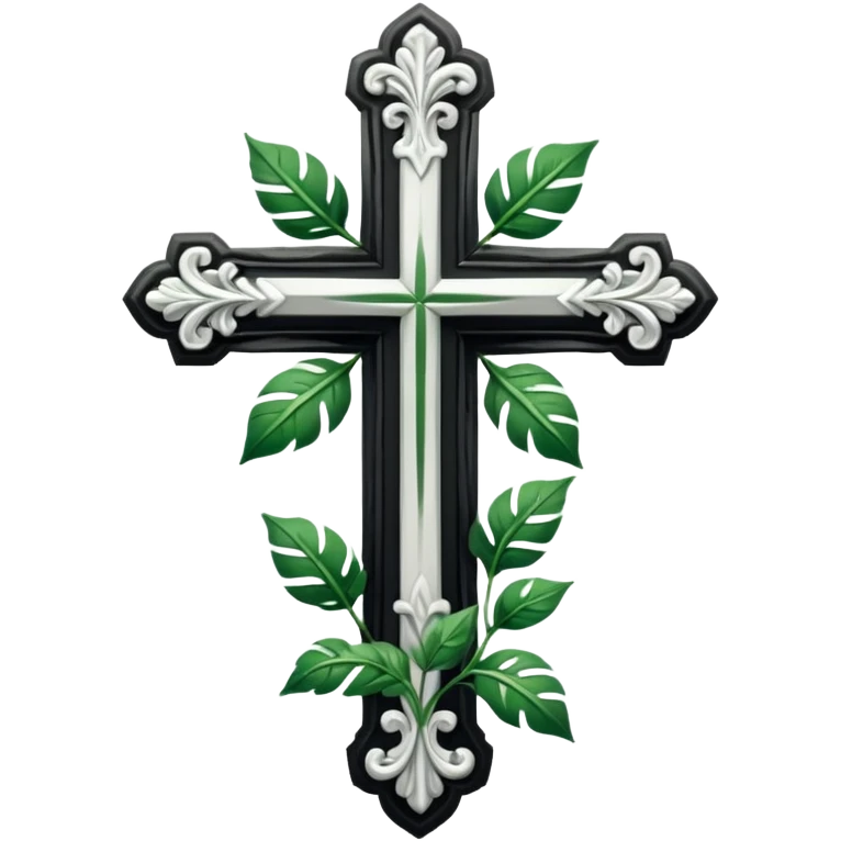 a black and white detailed cross with leaves over the top emoji