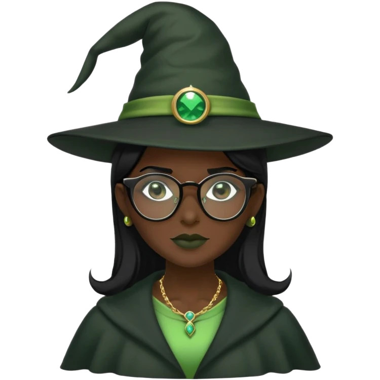 Green witch, black hair, Windsor glasses, black hat, black skin tone emoji