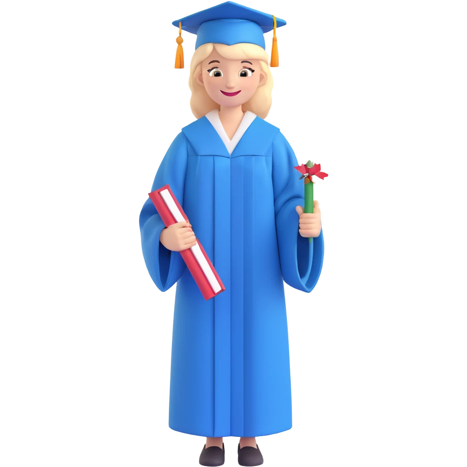 smiling graduate in gown holding diploma, confetti background emoji