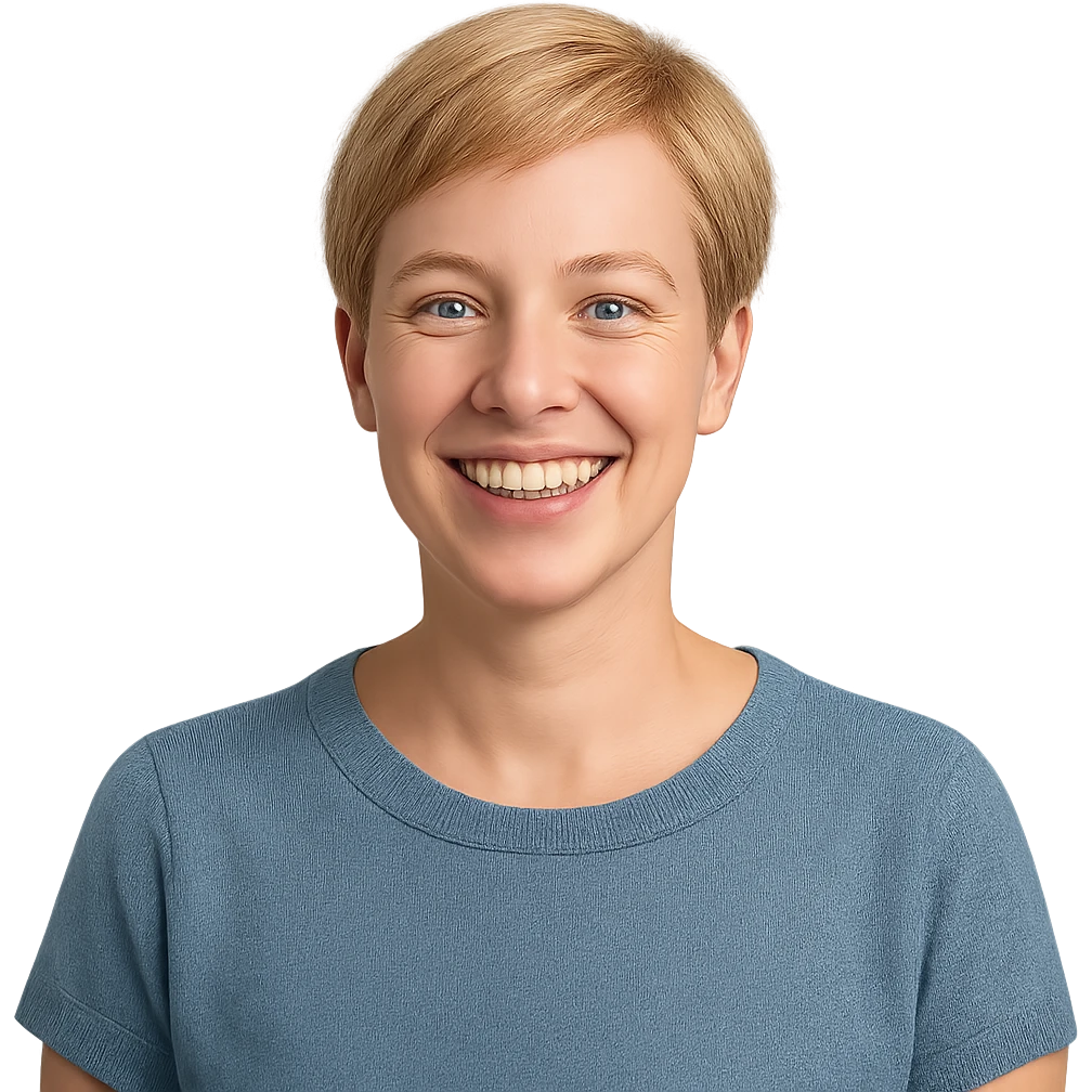 a wife with short blond hair, cheerful, simple background, portrait emoji