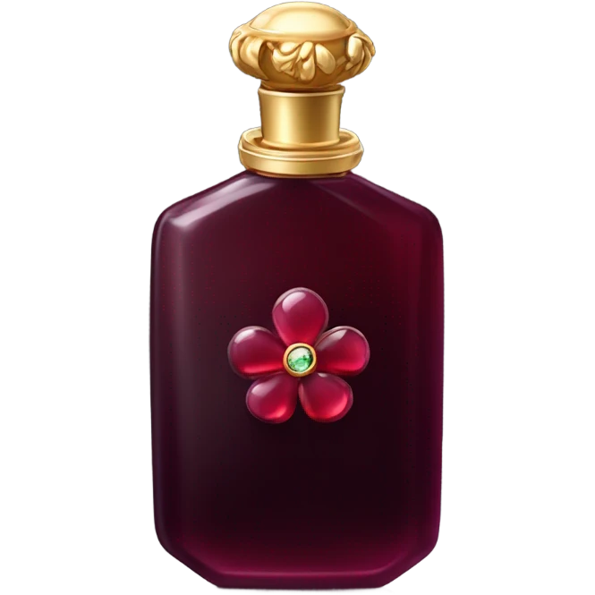 Dark red royal perfume bottle with red violets and a ruby gemstone emoji