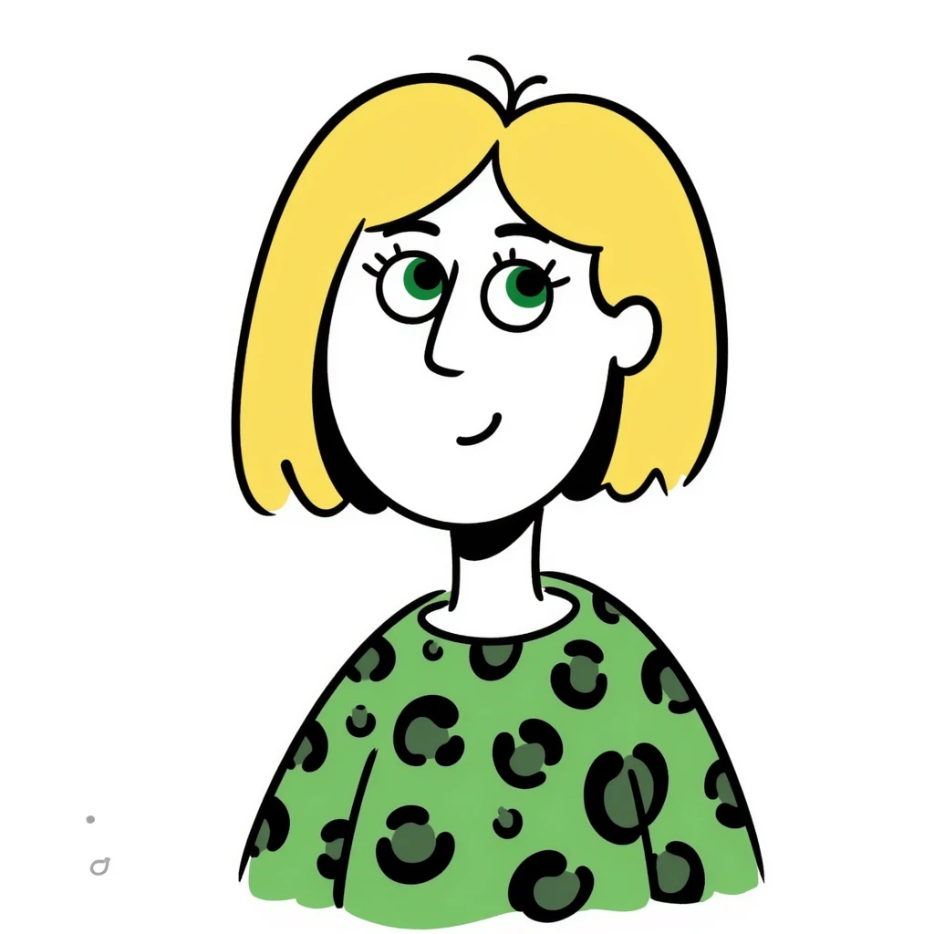 A blonde woman with green eyes and a bob haircut, wearing a green leopard print blouse emoji