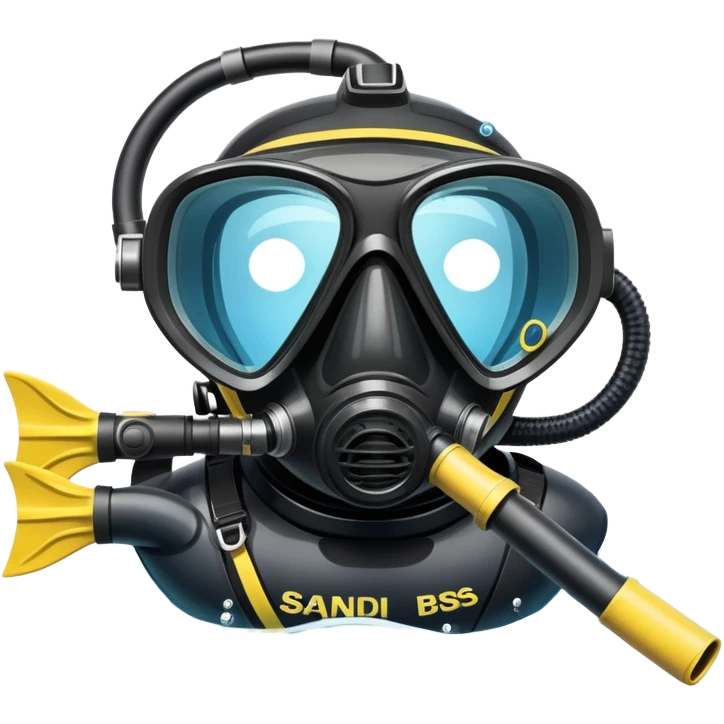 An icon featuring a close-up of a scuba mask, snorkel, and diving fins, with bubbles rising from the gear. The design includes a wetsuit and underwater light rays filtering through the water. Transparent background highlights the essence of diving and underwater exploration. emoji