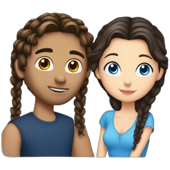 A brunette and blue eyes guy kisses a brunette girl with braids and blue eyes emoji