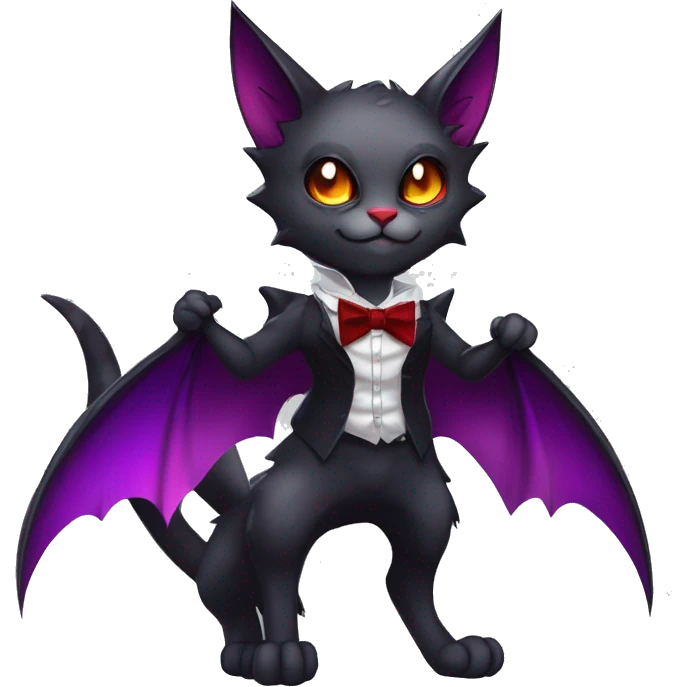 Cute-Evil-Vampiric-Batty-Cat-Black-Purple-Red-Grey-White-Yellow-Contrast-Colors-Fantasy-Fur-Sona-Chibi-Shiny-Fakémon-Hybrid with horns and big fangs neck bow tie leg spats full body emoji