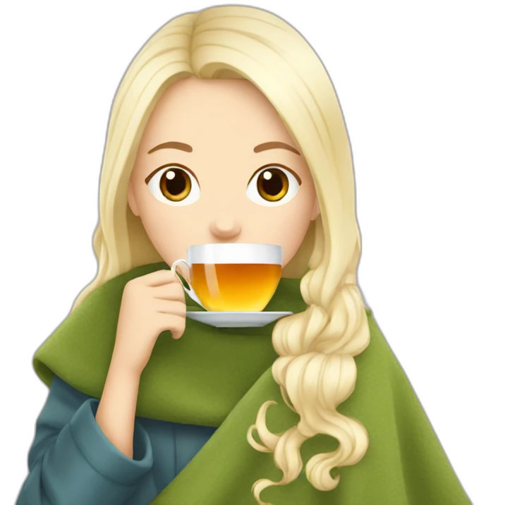 White blonde Girl drinking tea with blanket on emoji