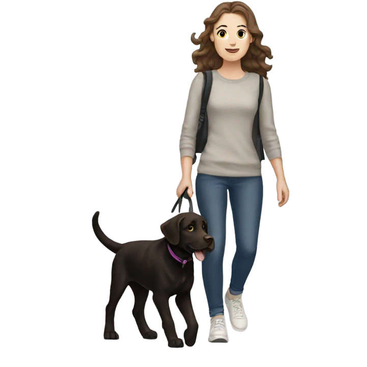 White girl with wavy brown hair walking a black Labrador emoji