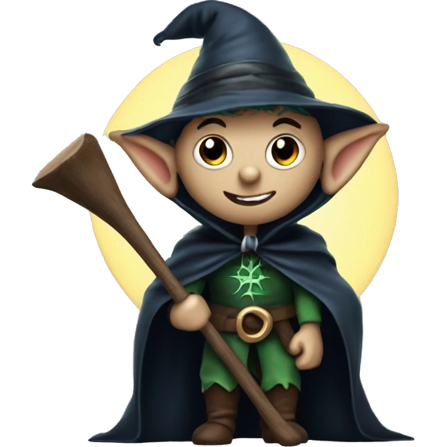 Elf dark sorcerer with a crescent moon hat, holding a bat, Halloween theme, emoji emoji