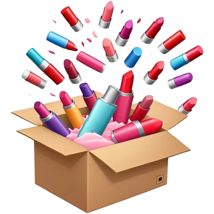 cardboard box bursting open with lipsticks, shampoo, and nail polish flying out emoji
