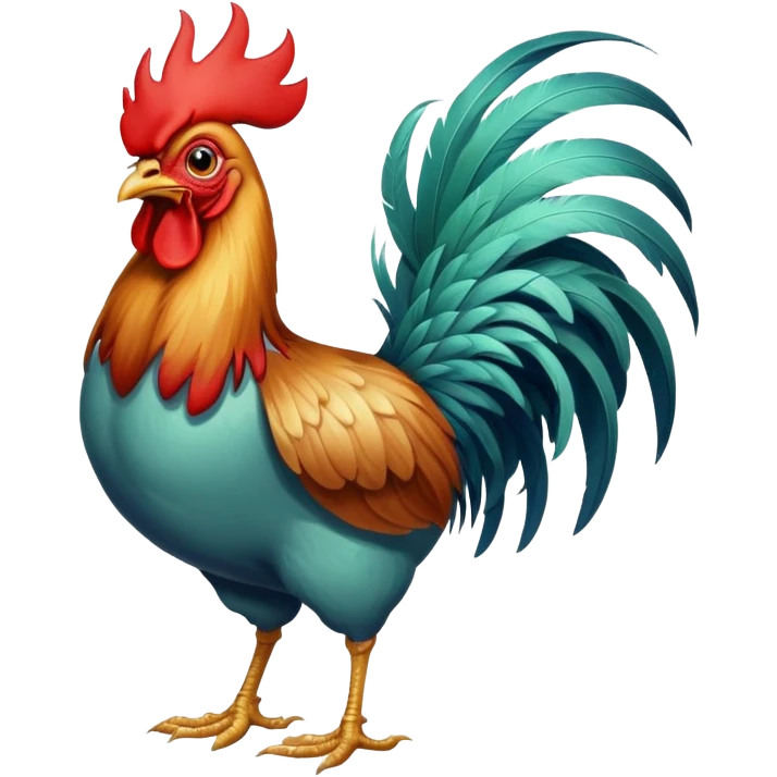 A funny rooster chicken with blue-greenish body, red comb, large eyes and silly expression, skinny legs emoji