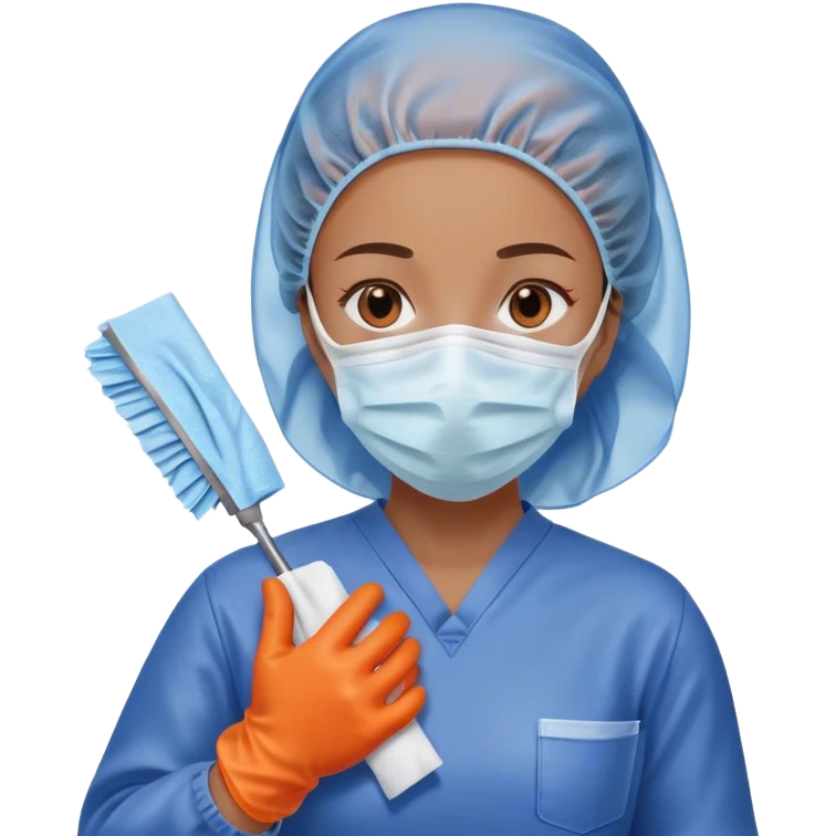 A meticulous cleanroom worker dressed in full protective gear, including a blue sterile suit, a face mask,  and orange gloves.  wipe  in her hand. emoji