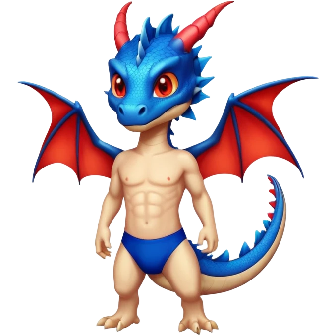Dragon with glowing red eyes looking possessed, wearing blue swimming trunks emoji