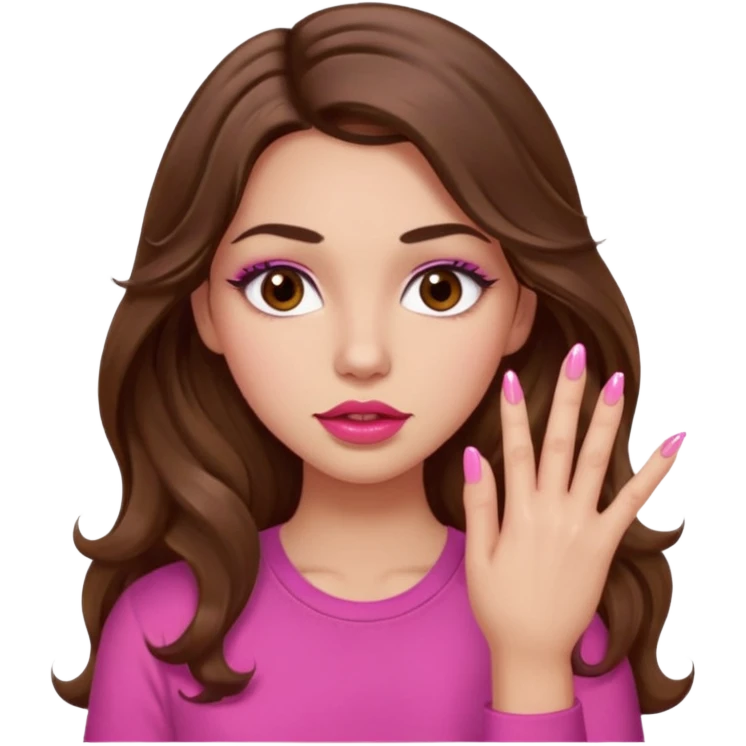 girl with long wavy brown hair, brown eyes, light to medium complexion, in a pink shirt, pink lips, long lashes, puckered lips,  showing  long finger nails emoji