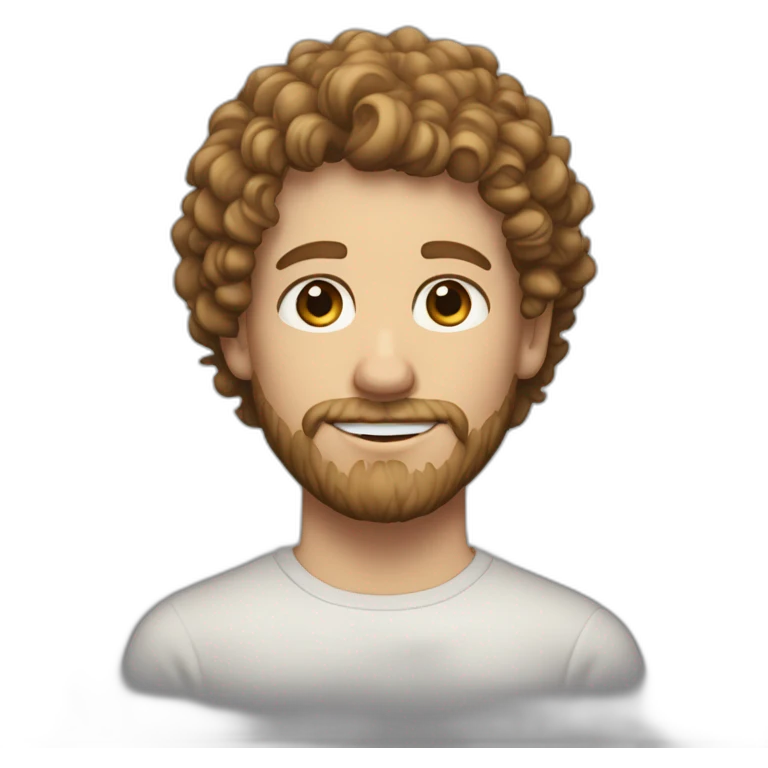 White boy, brown eyes, curly and dark blond hair on the top and short on the sides, and beard emoji