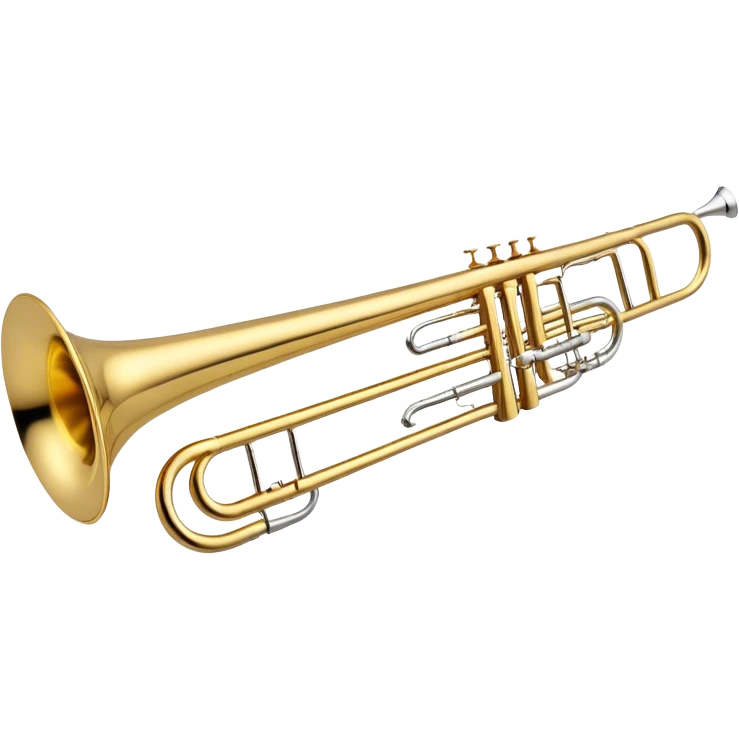 Create a sleek and professional emoji representing the Brahner TB-420 Bb/F tenor trombone. The design should feature the smooth, shiny brass body of the trombone with its distinct curved tubing and large bell. Highlight the tuning slide and the mouthpiece at the top of the instrument. The brass finish should be polished and reflective, with silver accents on the mouthpiece and tuning slide. Add subtle musical notes or soundwaves floating around the trombone to evoke its bold, brassy sound. Use golden and brass tones for the trombone with light reflections to emphasize its high-quality craftsmanship. The background should be transparent. emoji