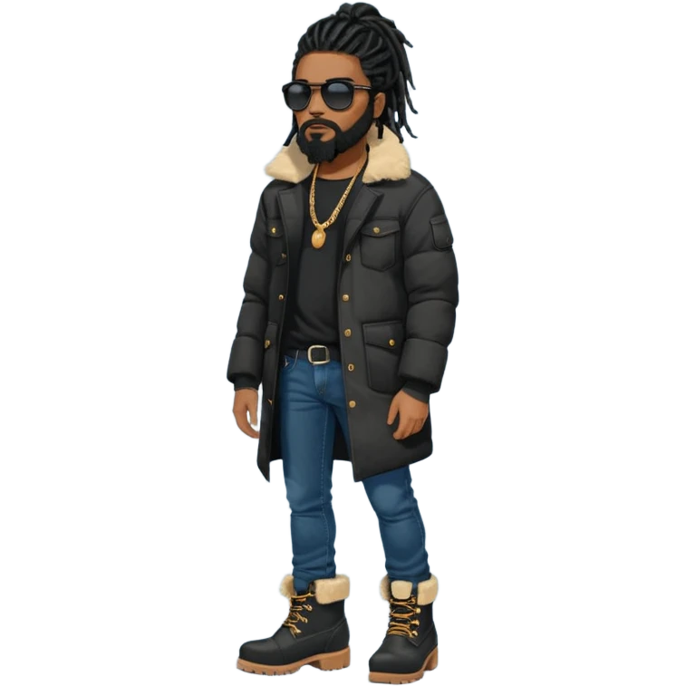 African American man with shoulder length black dreadlocks with black beard wearing black sunglasses wearing a black bubble winter coat wearing denim skinny jeans wearing wheat timberland boots thinking emoji