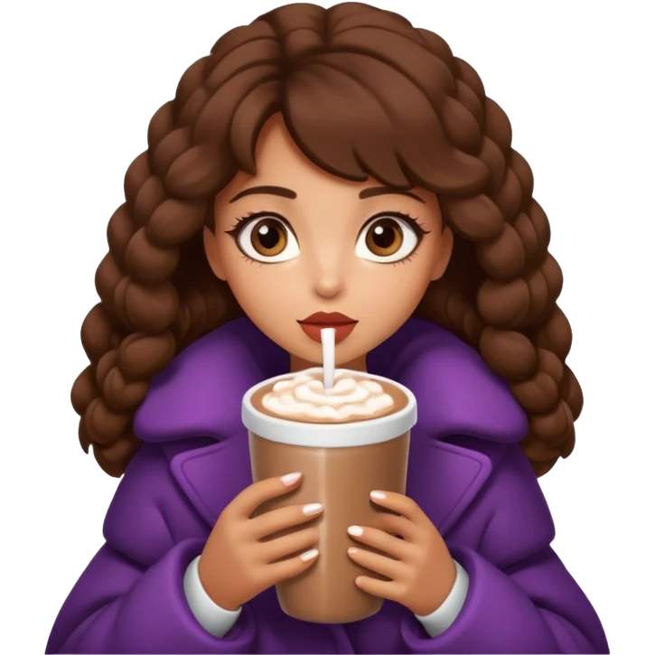 Tanned Girl with lashes , brown hair, in an extremely big fluffy oversized coat and hold hot chocolate drink and big eyes, big lip emoji