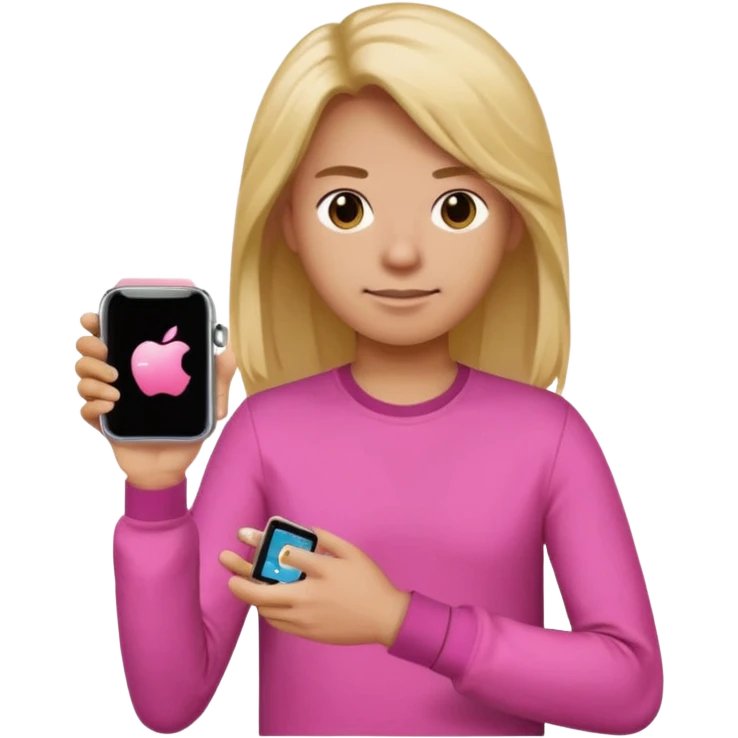 gender neutral person wearing a pink long sleeve shirt, loose hair, wearing a watch on the arm, holding a cellphone in hand, apple emoji style emoji