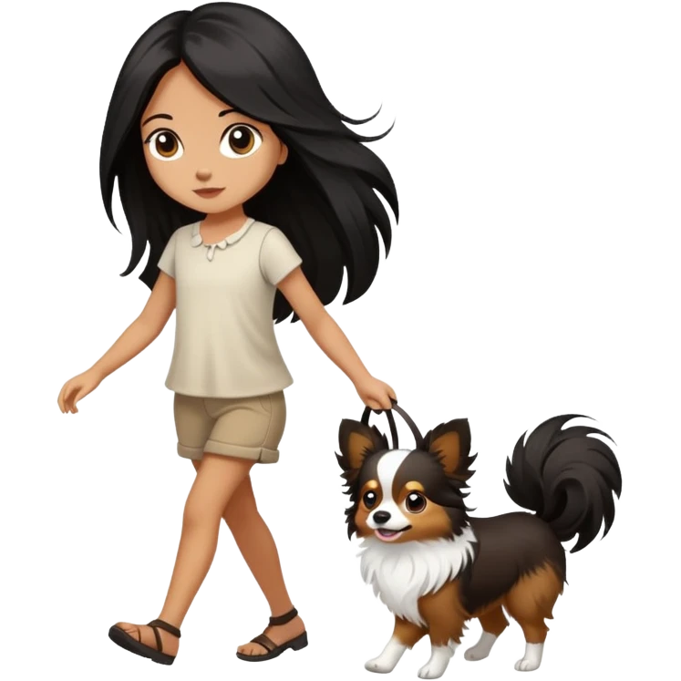 A girl with long black hair walking a papillon emoji