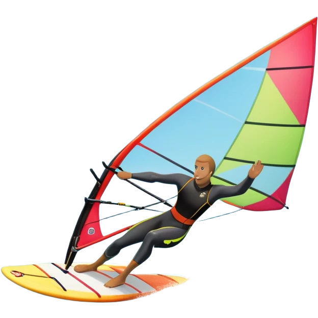 A windsurfer gliding across the ocean, with a vibrant sail catching the wind. The scene captures the motion of the board riding the ocean waves, surrounded by the bright blue sky and ocean, symbolizing the excitement and skill required in the sport of windsurfing. emoji