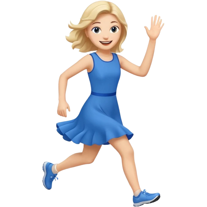 A girl in a blue dress runs and waves hello emoji