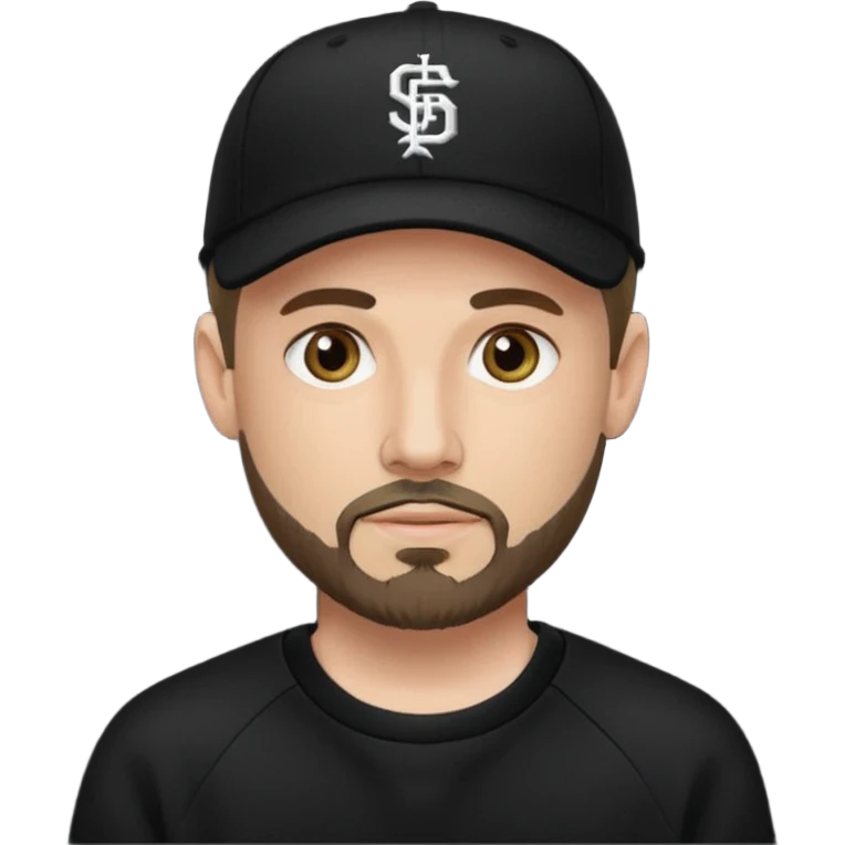 Hombre de ojos claros, con barba fina y perilla, gorra negra de baseball bordada, y sudadera negra emoji