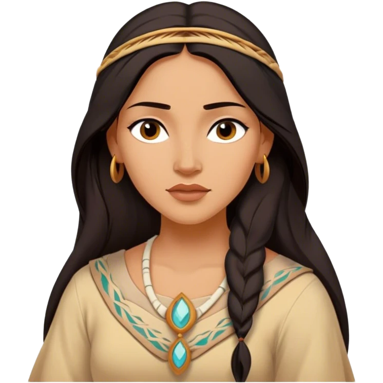 Cinematic Serene Pocahontas Portrait Emoji, rendered in a realistic, simplified vector style. Depict a gentle Pocahontas (chest and above) with warm, glowing skin, loosely flowing dark hair, and a calm, reflective expression, wearing modest traditional attire in earthy hues. The image is bathed in a soft, inviting glow with high shine and a soft glowing outline. emoji