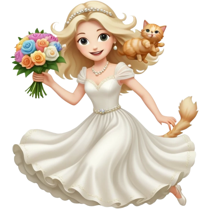 White woman - long hair - white wedding dress - holding a kitten - happy - jumping - fashionable - elegant - bouquet - dreamy - colorful - pearl accessories emoji