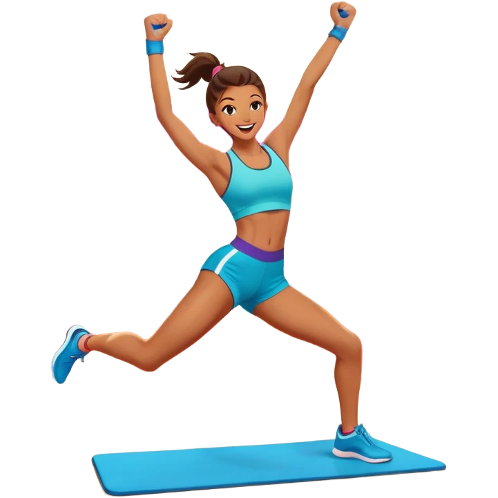 An energetic person performing an aerobics workout in a brightly lit gym, jumping and stretching with enthusiasm. The scene includes vibrant fitness equipment like dumbbells and exercise mats, with a background of cheerful, motivating colors, conveying energy and movement. emoji