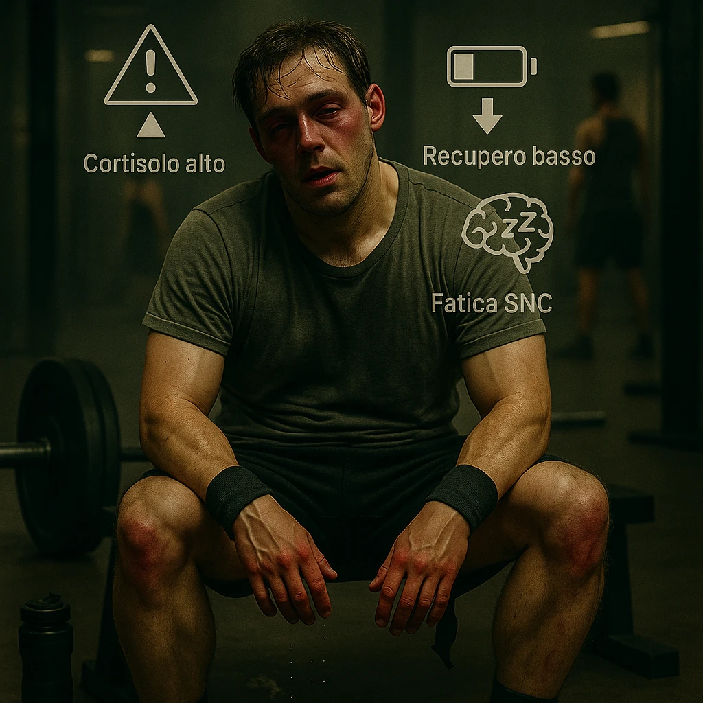 Add floating symbols above the head with Italian text: 'Cortisolo alto', 'Recupero basso', 'Fatica SNC'. The style should be raw cinematic with muted colors and dramatic lighting. The symbols must be clear and legible. emoji