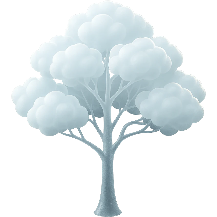 one tree with many branches and a white trunk, crown made of small very bright white fluffy convex clouds, matte glass style emoji