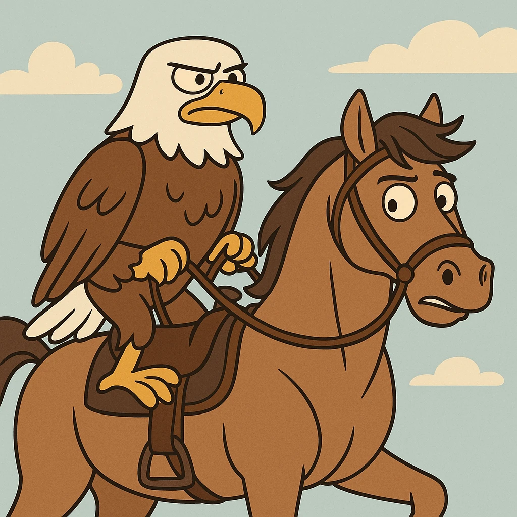 an eagle riding a stallion, cartoon style emoji