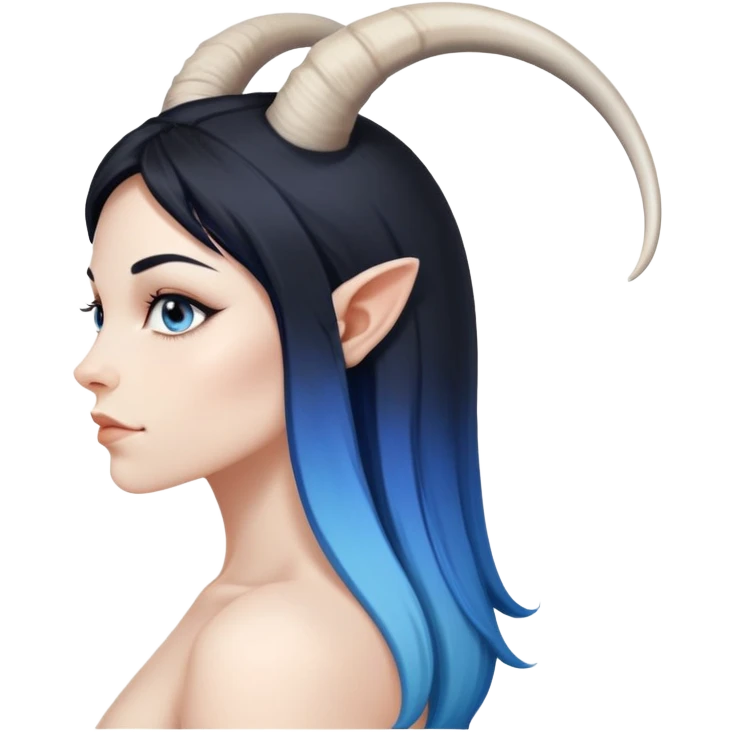 Art of a human white woman's very very sexy body scheme anatomy-very long straight black to blue hair ombre-left side view-small goat horns emoji