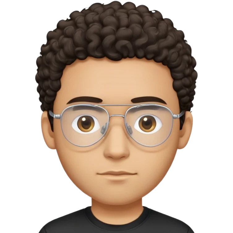 Latino man with light brown complexion, small face and prominent forehead, clear lens teardrop-shaped aviator eyeglasses with metal frame, totally shaved sides with very minimal dark curly hair only on top, gentle expression, simple black t-shirt emoji