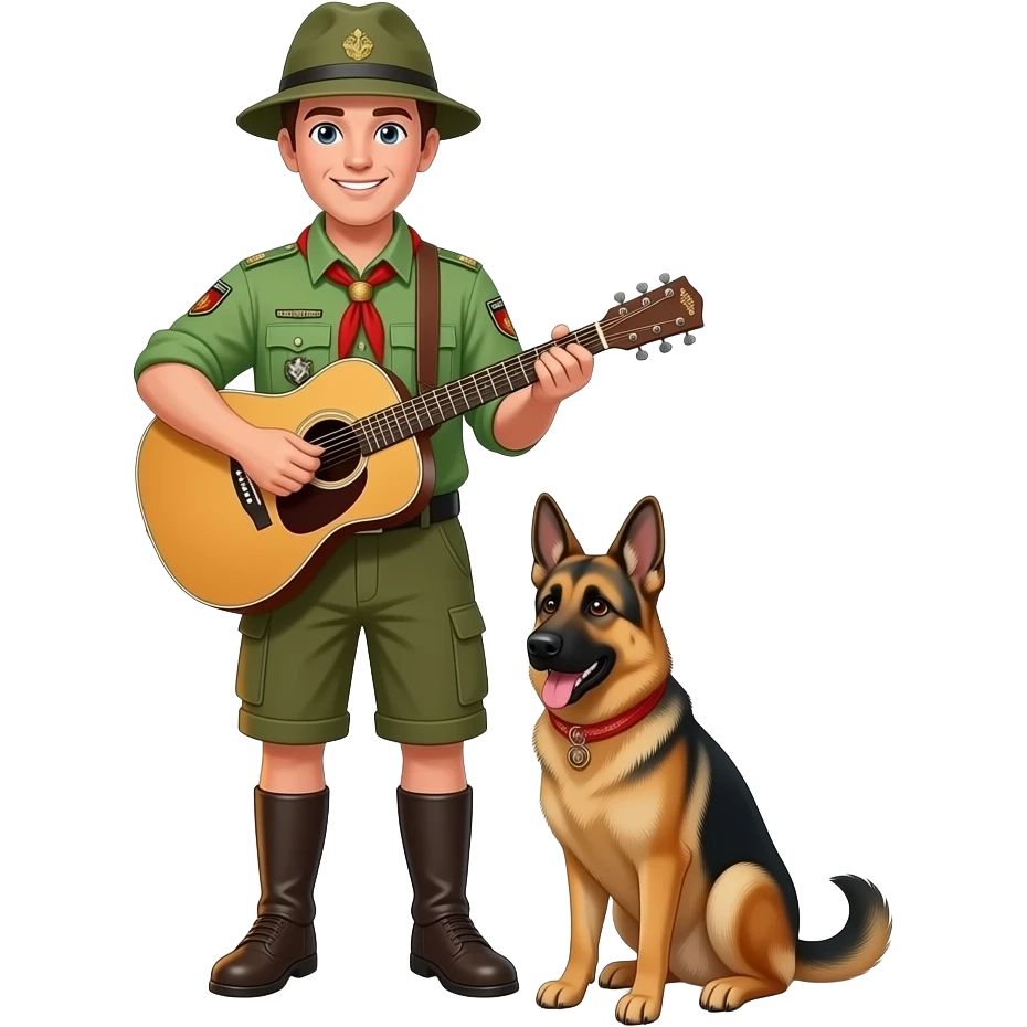 deutscher scout mit   guitar und campfire und schäferhund emoji