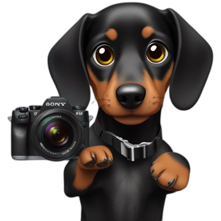 a black dachshund dog holds a SONY camera in its paws emoji