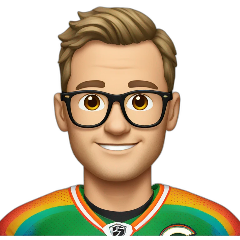 Jonathan Toews wearing glasses and rainbow clothes emoji