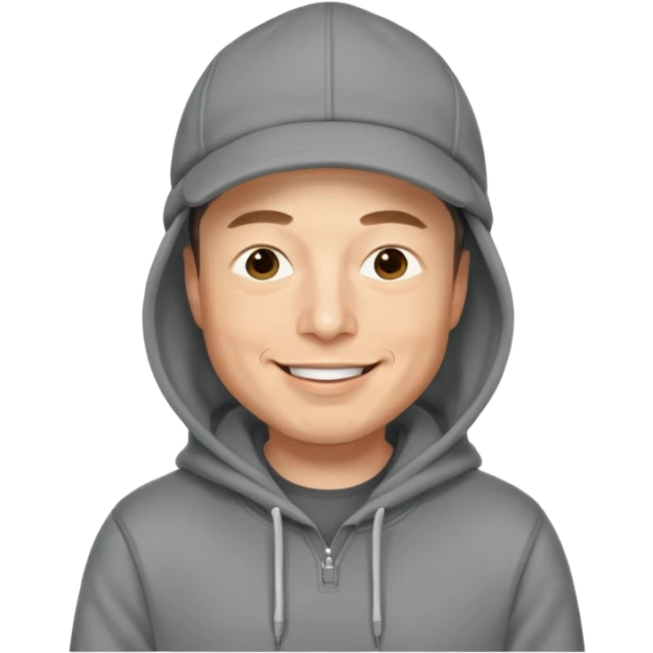 elon musk in gray hoodie full height, wear hoodie hat, happy emoji