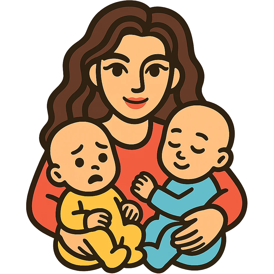 Create a variation of a woman with two infants showing different emotions on the infants' faces. The woman has detailed facial features, expressive eyes and lips with shadows and highlights, and long wavy hair. The style is icon-color-outlined with a retro sticker vibe. The background should be transparent. emoji