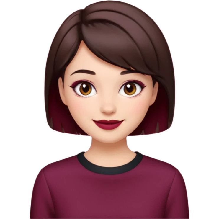 brunette girl, short hair, burgundy clothes, trendy heavy makeup, smiling emoji