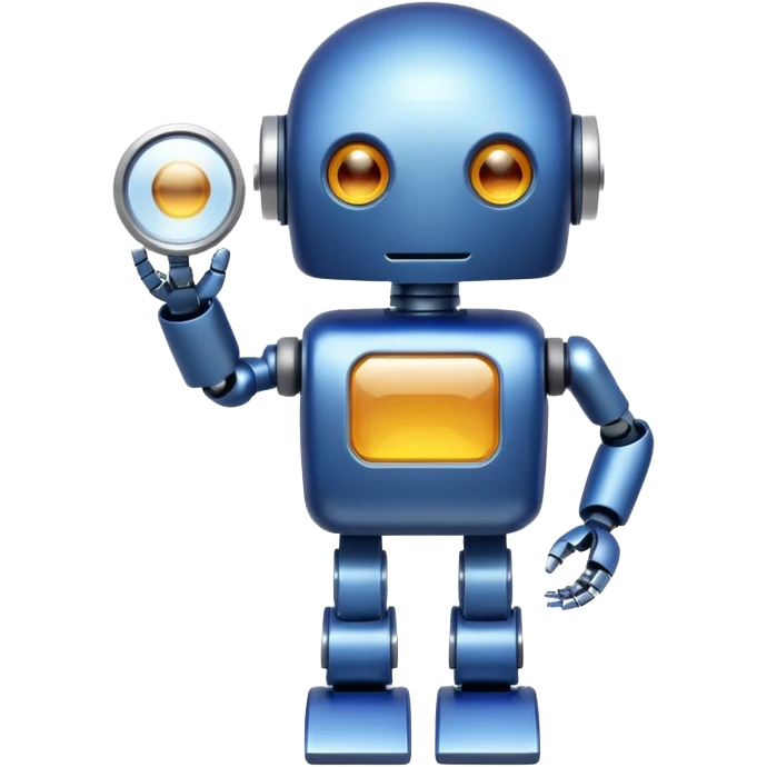 A little robot with a looking glass in indigo-500 emoji