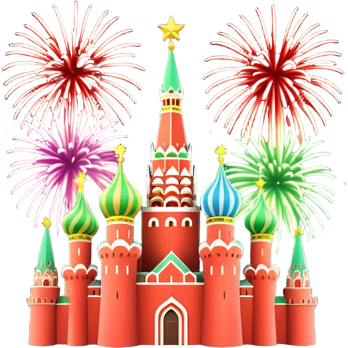 Apple style 3D emoji of New Year fireworks over Moscow. Vibrant multi-colored sparkling bursts (red, gold, green) in the sky. Below, a simplified glossy 3D silhouette of the Kremlin towers with glowing red stars. 
в более пастельных оттенках emoji