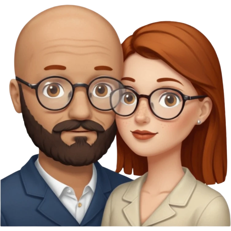 Couple. Bald man with dark brown-black beard. White woman with many small, faded freckles, she has white skin and she has auburn-brown-cinnamon, dark long hair. She has light brown eyes. The man have hazel eyes and glass. She have light eyes. Retro style. She kisses him. emoji