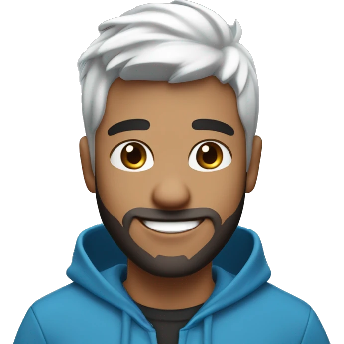A cheerful young male digital avatar with white skin, large brown eyes, black medium pompadour hairstyle, beard medium , a bright smile, and a mole on the left cheek, wearing a blue hoodie. with laptop  emoji