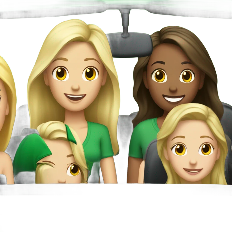 Two Caucasian blonde girls and two Caucasian brunette girls driving a green volkswagen convertible emoji