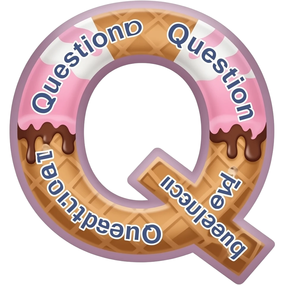 The big letter "Q" in the center. Smaller the Words "Question", "Question", "Question", "Qsolve", "Qcollect" und "Qteach" around it in a comic style ice cream cone emoji