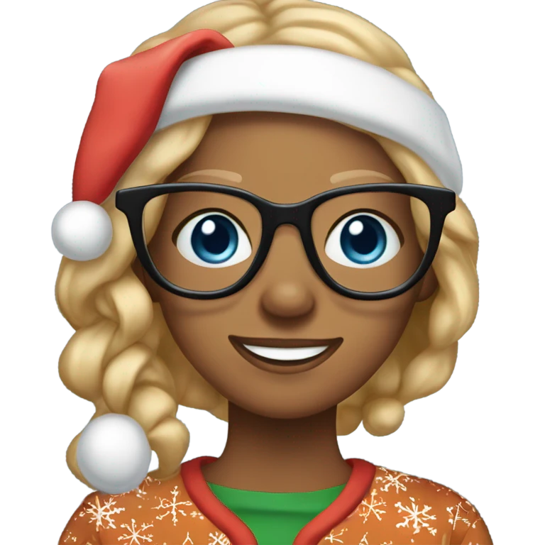 A woman wearing gingerbread Christmas pajamas, pretty, medium blonde hair, blue eyes, glasses, white teeth, freckles emoji